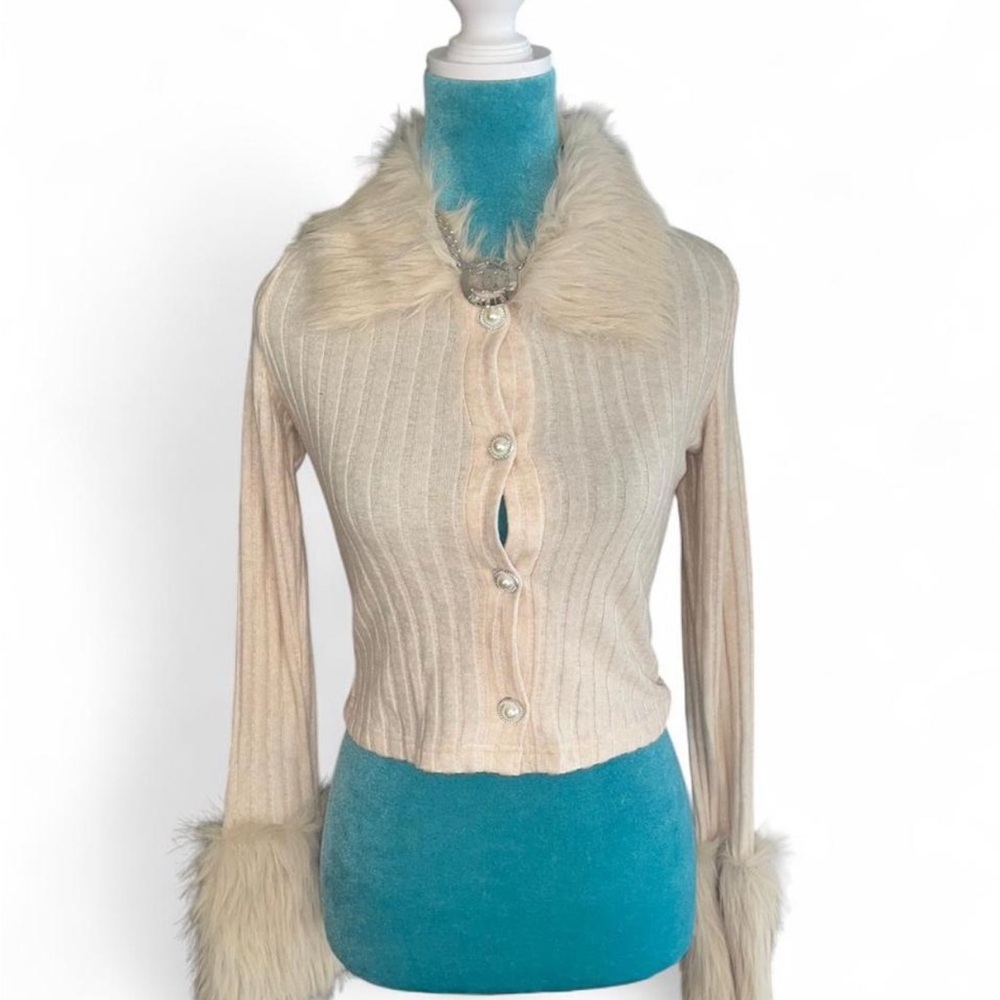 Cream Fuzzy Trim Women's Sweater